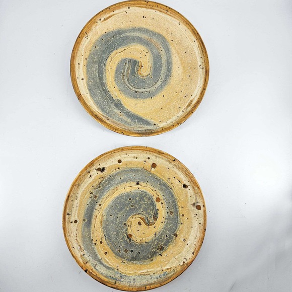 Studio Art Pottery signed JRW M Stoneware boho blue beige plates 2 boho - Picture 1 of 4